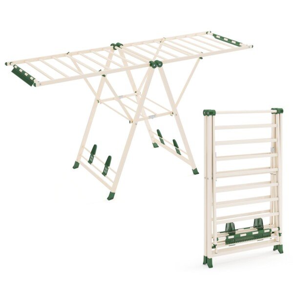Sulankstomas drabužių džiovintuvas su sparnais ir papildomomis lentynomis (Smėlio)