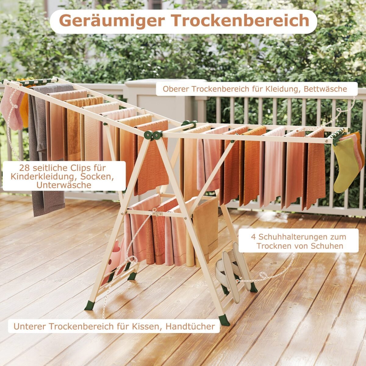 Sulankstomas drabužių džiovintuvas su sparnais ir papildomomis lentynomis (Smėlio)