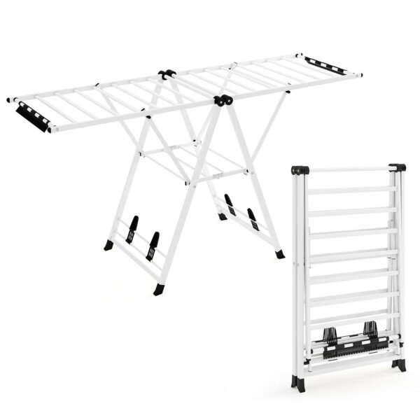 Sulankstoma skalbinių džiovykla su reguliuojamais sparnais ir batų lentynomis (Balta)