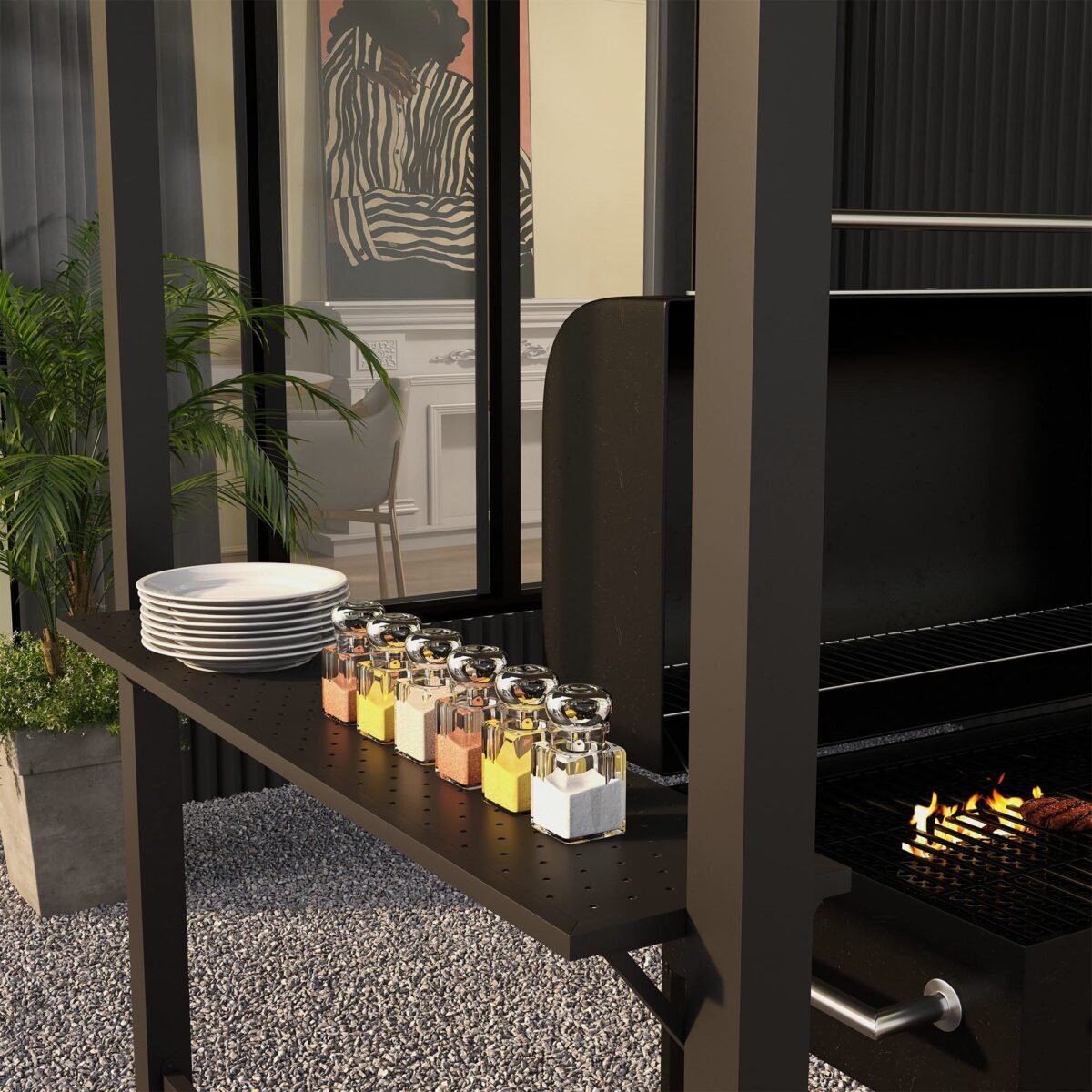 Grilio pavėsinė su šoninėmis lentynomis ir ventiliuojamu stogu