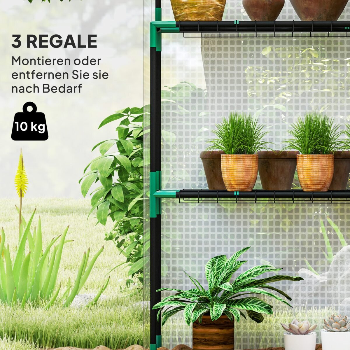 Praeinamas šiltnamis su reguliuojamomis lentynomis