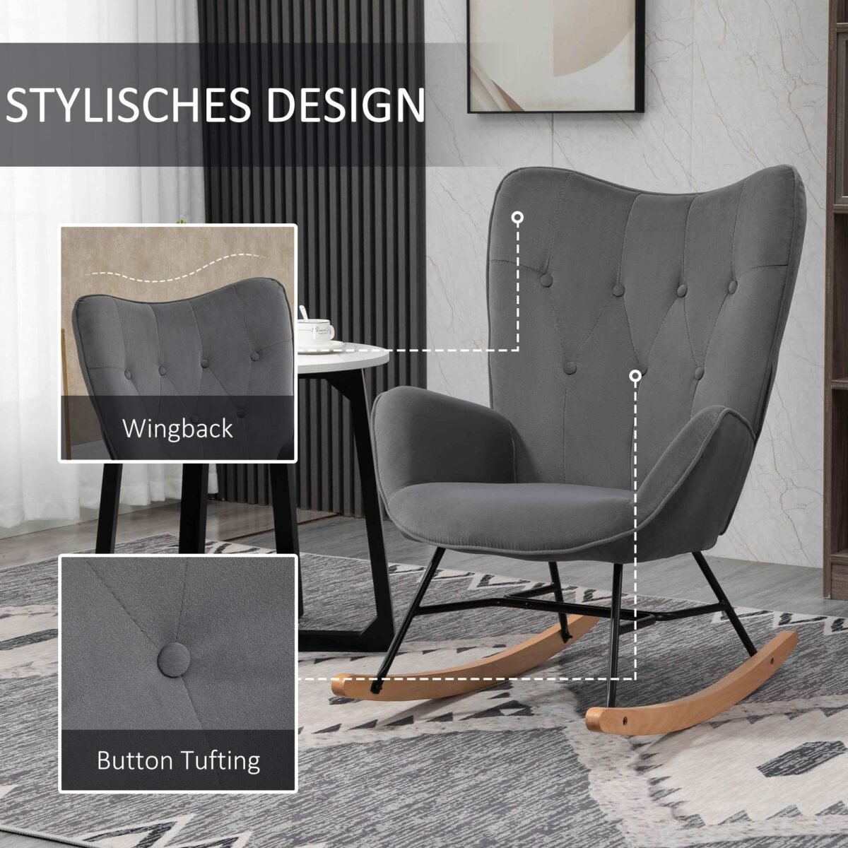 Sūpuojamas krėslas su dygsniuotu imitacinio velveto apmušalu