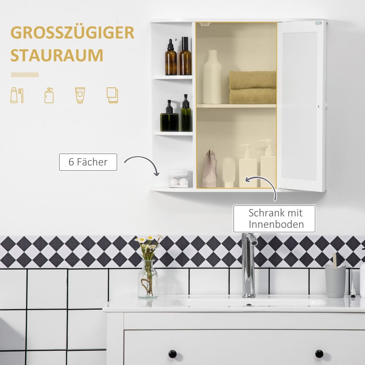 Vonios sieninė veidrodinė spintelė su 8 skyriais