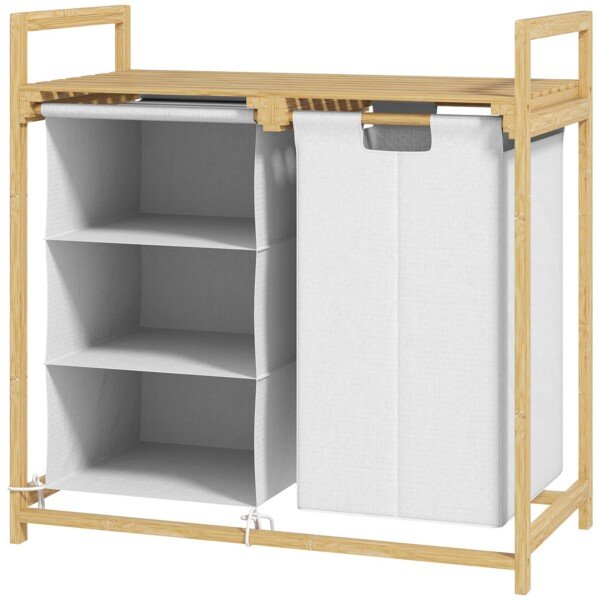 Bambusinė skalbinių rūšiuoklė su ištraukiamu maišu, stalčiumi skalbikliams ir viršutine lentyna