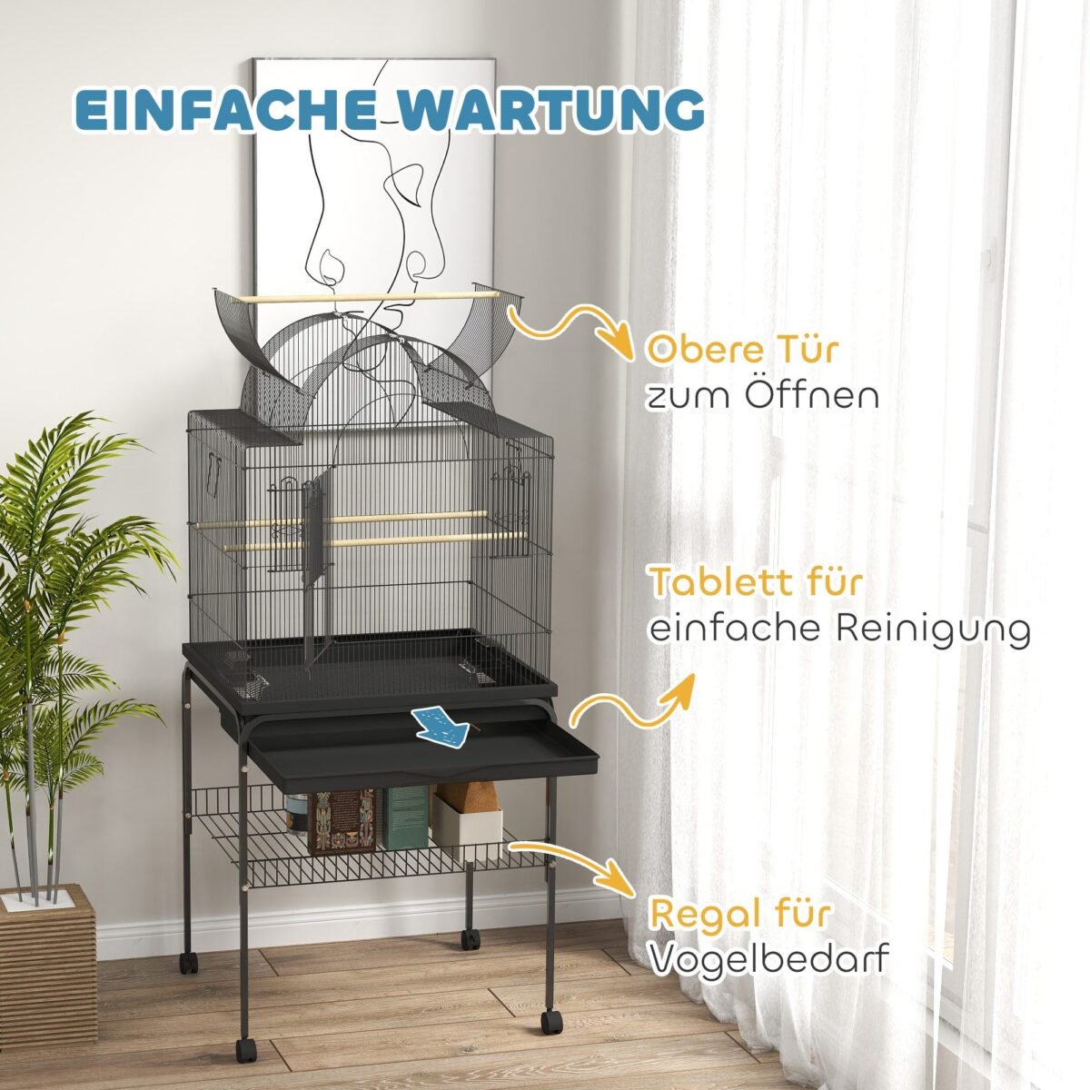 Mobilus paukščių narvas su dugno skyriumi ir ratukais