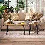 Universalus dviejų kavos staliukų komplektas su metaliniu rėmu ir medžio imitacijos stalviršiu