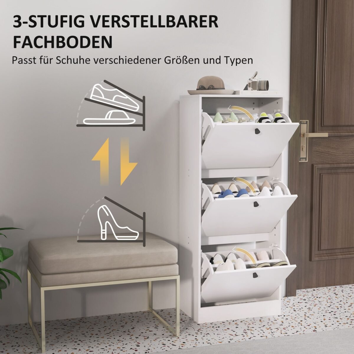 Batų spintelė su 3 atverčiamomis durelėmis ir reguliuojamomis lentynomis