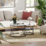 Kompaktiškas 2 dalių apvalių kavos staliukų komplektas su marmuro efekto stalviršiais