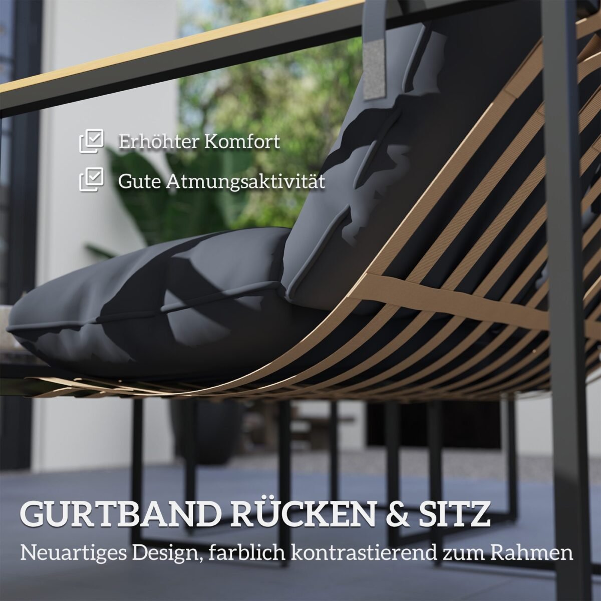 4 dalių lauko baldų komplektas: 2 foteliai, 2 vietų sofa, stalas, su storomis pagalvėmis bei nuimamais užvalkalais