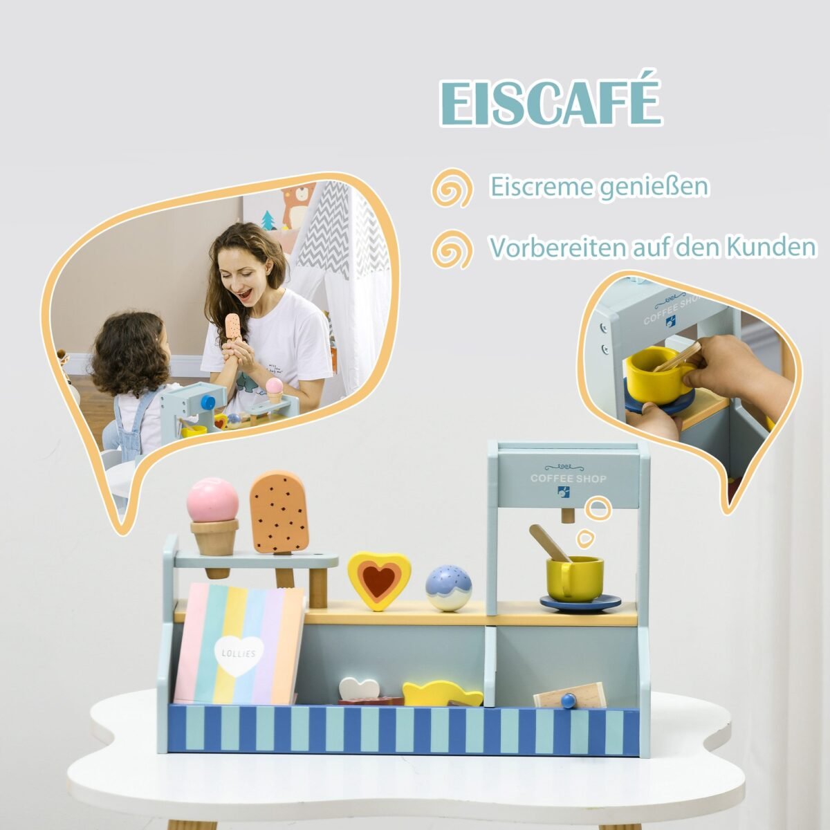 Vaikų medinė žaidimų ledainė su gausiais priedais