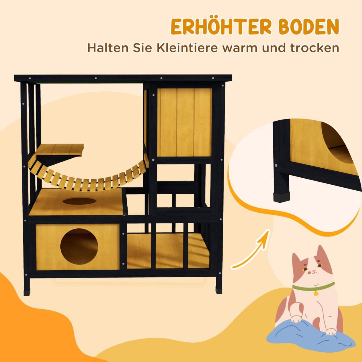 Atsparus oro sąlygoms lauko kačių namelis su platforma ir pakabinamu tilteliu