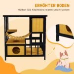 Atsparus oro sąlygoms lauko kačių namelis su platforma ir pakabinamu tilteliu