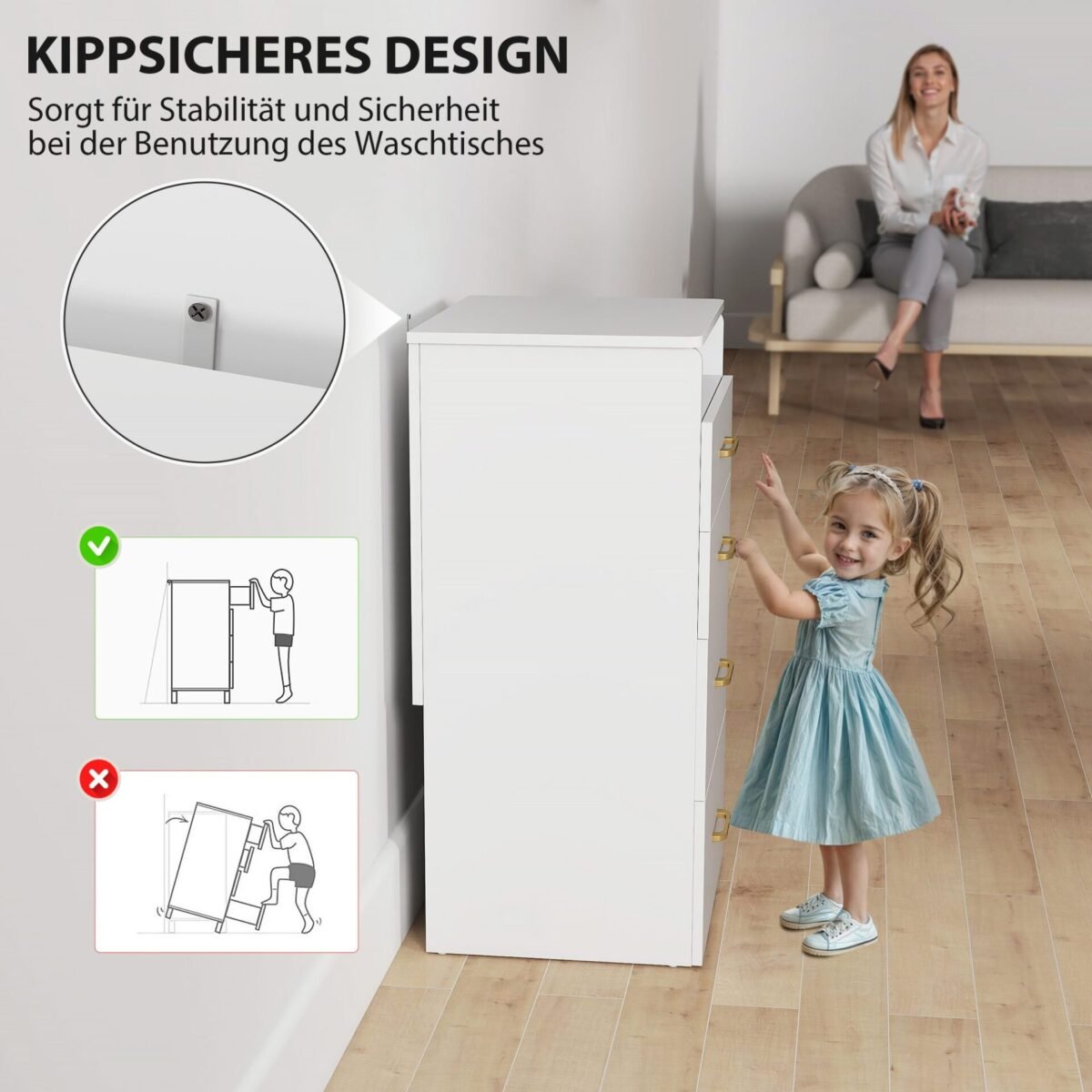 3-in-1 makiažo staliukas su veidrodžiu, naktinis staliukas ir ratinis pufas