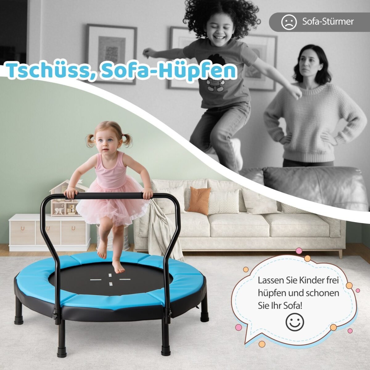 Vaikų mini batutas su atramine rankena 102 cm (Mėlyna)