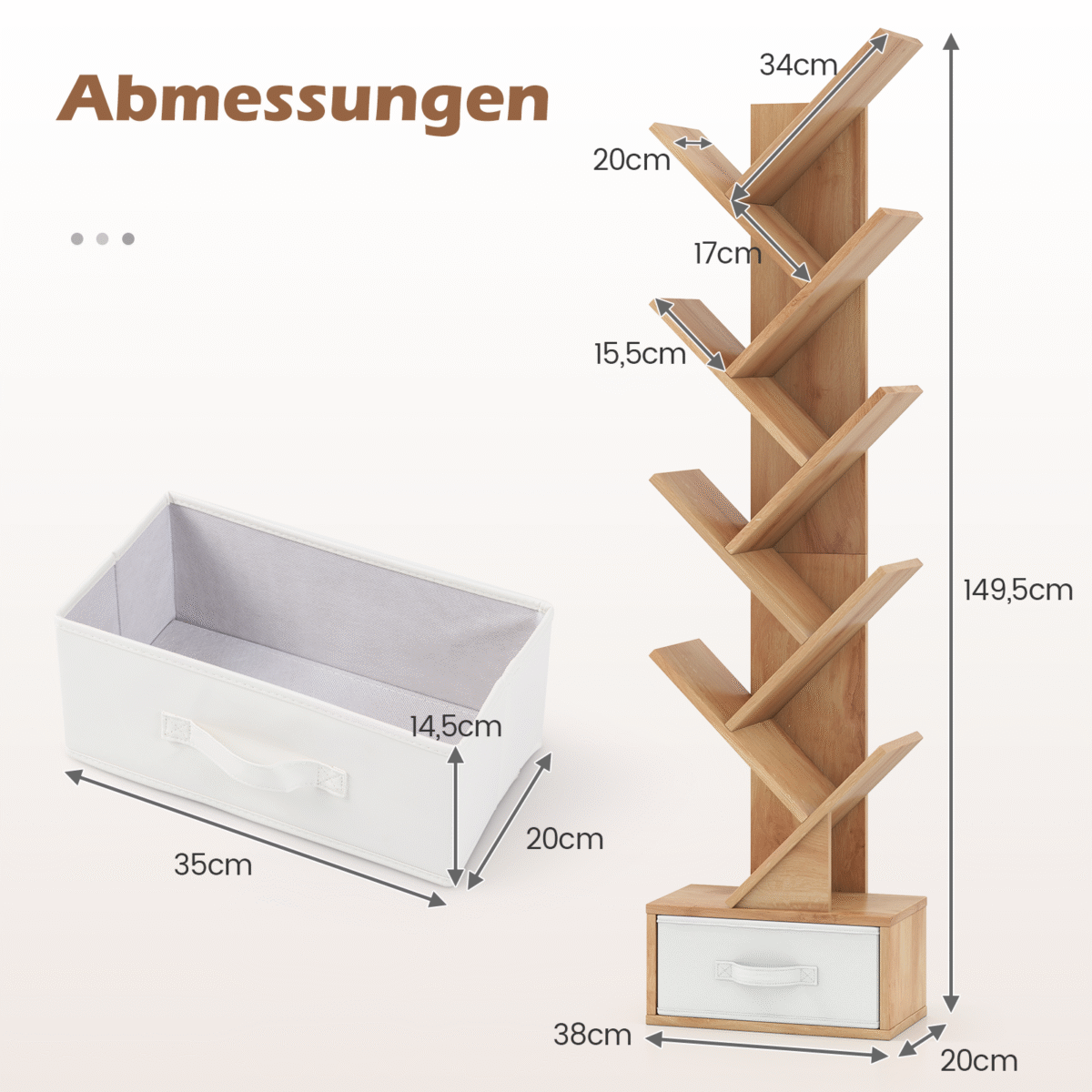 Medžio formos 10 skyrių knygų lentyna su stalčiumi (Natūrali)