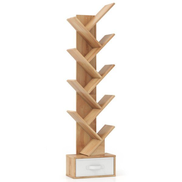 Medžio formos 10 skyrių knygų lentyna su stalčiumi (Natūrali)