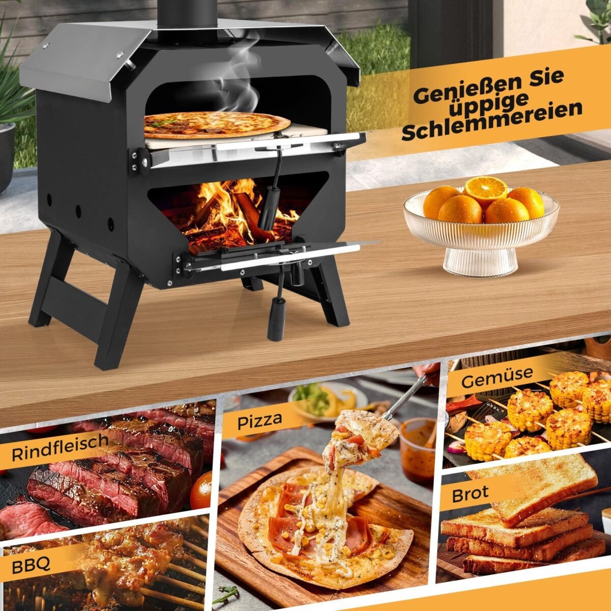 Nešiojama lauko picų krosnelė su akmeniu ir dangčiu (Juoda)