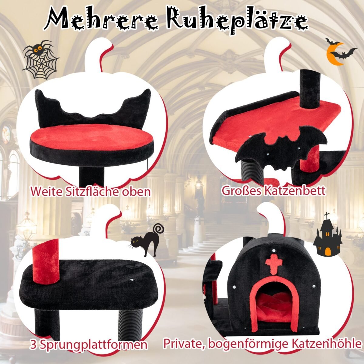 Aukšta katės draskyklė su platformomis ir nameliu (Raudona ir juoda)