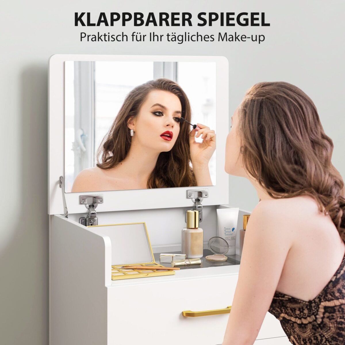 3-in-1 makiažo staliukas su veidrodžiu, naktinis staliukas ir ratinis pufas