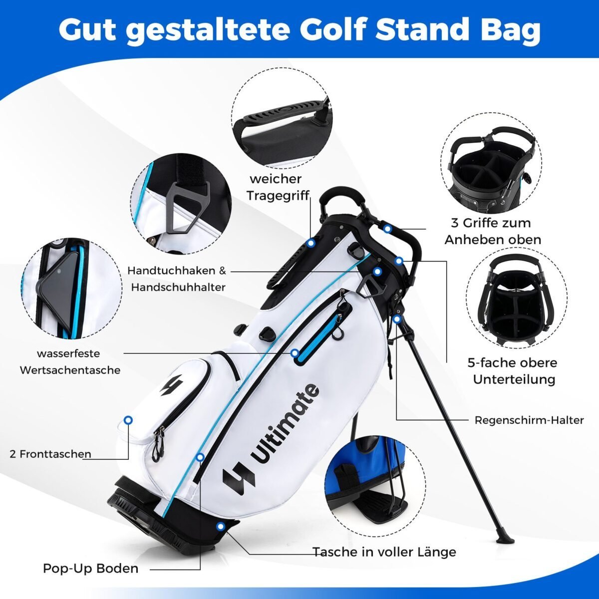 15 dalių golfo lazų komplektas su stovima taše (Balta)