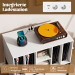 Pastatomas patefono stovas su integruota įkrovimo stotele ir vietos plokštelių laikymui (Balta)