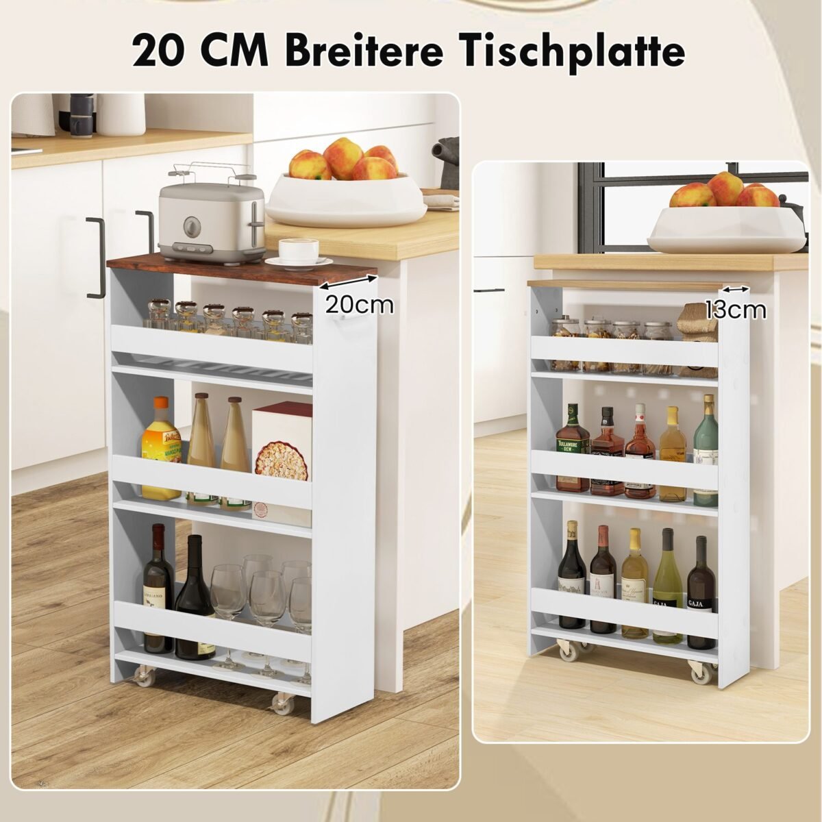 Kompaktiškas 4 aukštų virtuvės vežimėlis ant ratukų 20 cm pločio (Balta)