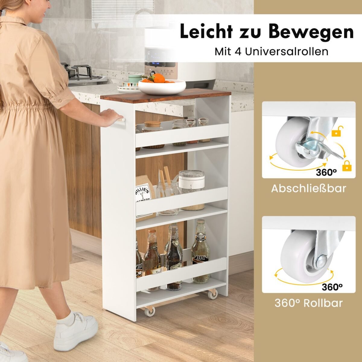 Kompaktiškas 4 aukštų virtuvės vežimėlis ant ratukų 20 cm pločio (Balta)