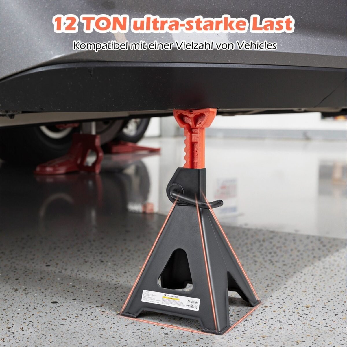 Atraminiai stovai automobiliams 2 vnt. 12 tonų su reguliuojamu aukščiu (Raudona)