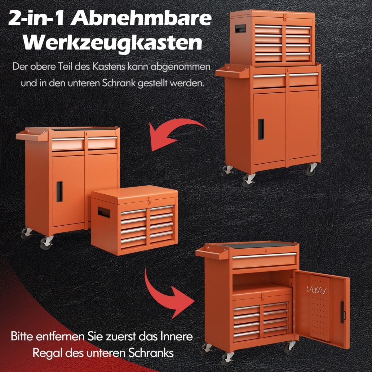 Daugiafunkcinis 2-in-1 dirbtuvių vežimėlis su 5 stalčiais ir kabliukais (Oranžinė)