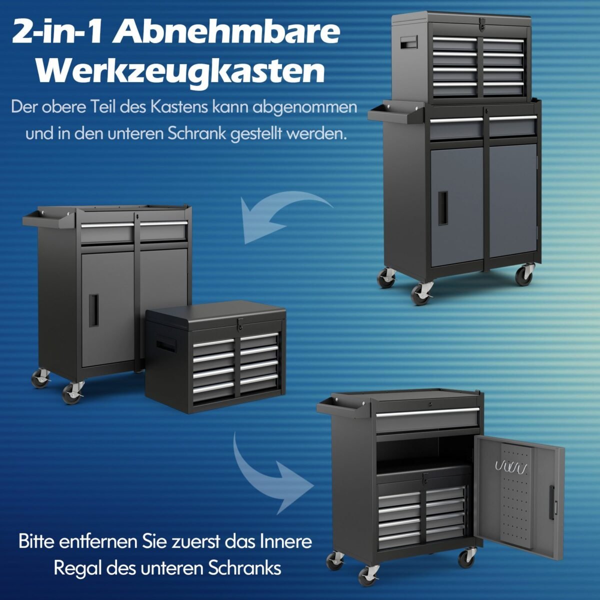 Daugiafunkcis mobiliųjų įrankių vežimėlis su penkiais stalčiais (Pilka-juoda)