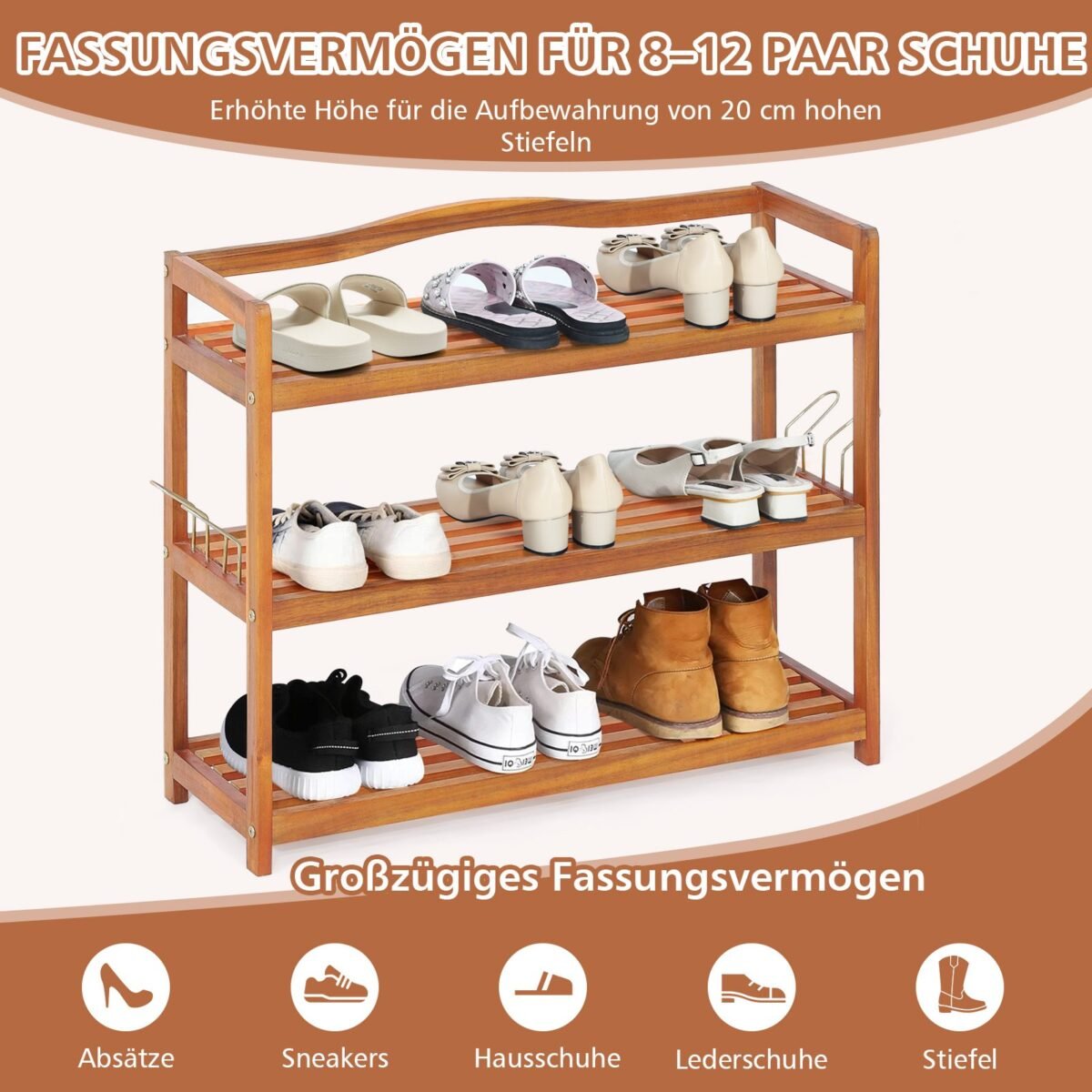 Aukštos kokybės akacijos medienos batų lentyna su šoniniais kabliukais (Raudonai ruda)