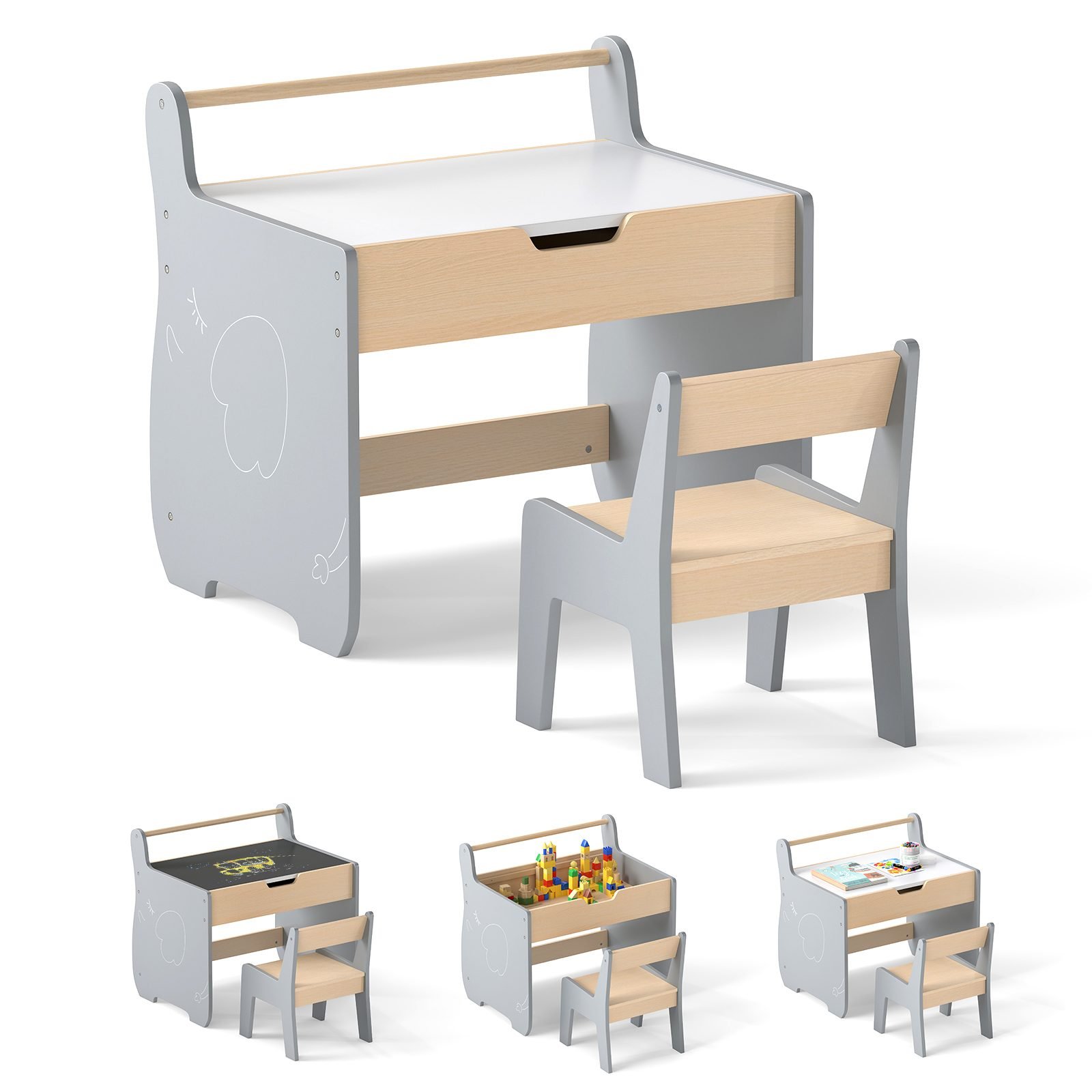 3in1holzkindersitzgruppemitwendbarerabnembarertischplattekindertischmitstuhlgrau_1753776393401_image_2 Vaikiškas staliukas ir kėdutė su dvipuse lenta bei daiktadėže (Pilka)