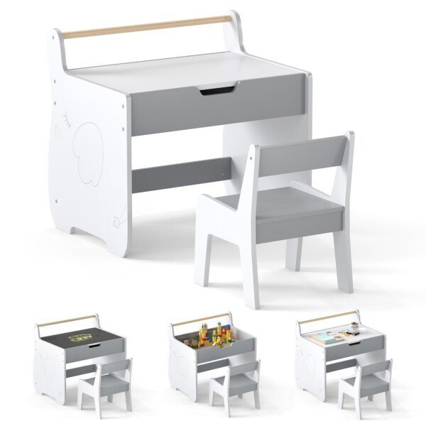 Vaikiškas stalas ir kėdė su daugiafunkčiu stalviršiu (Pilka ir balta)