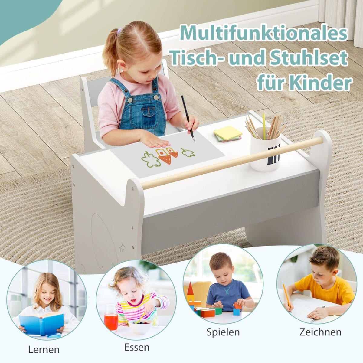 Vaikiškas stalas ir kėdė su daugiafunkčiu stalviršiu (Pilka ir balta)