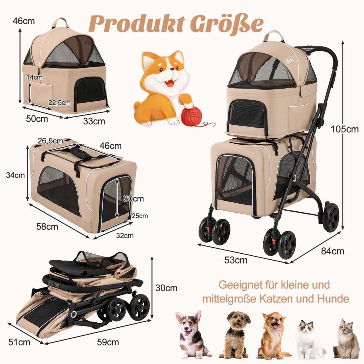 Vežimėlis augintiniams sulankstomas 2 vietų (Smėlio)