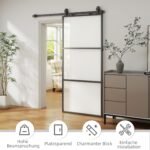 Stumdomų durų komplektas su matiniu stiklu ir švelnaus uždarymo mechanizmu