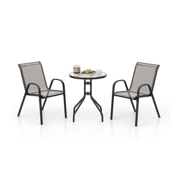 3 dalių lauko bistro komplektas apvaliu stalviršiu ir 2 sulankstomomis kėdėmis (Pilka)