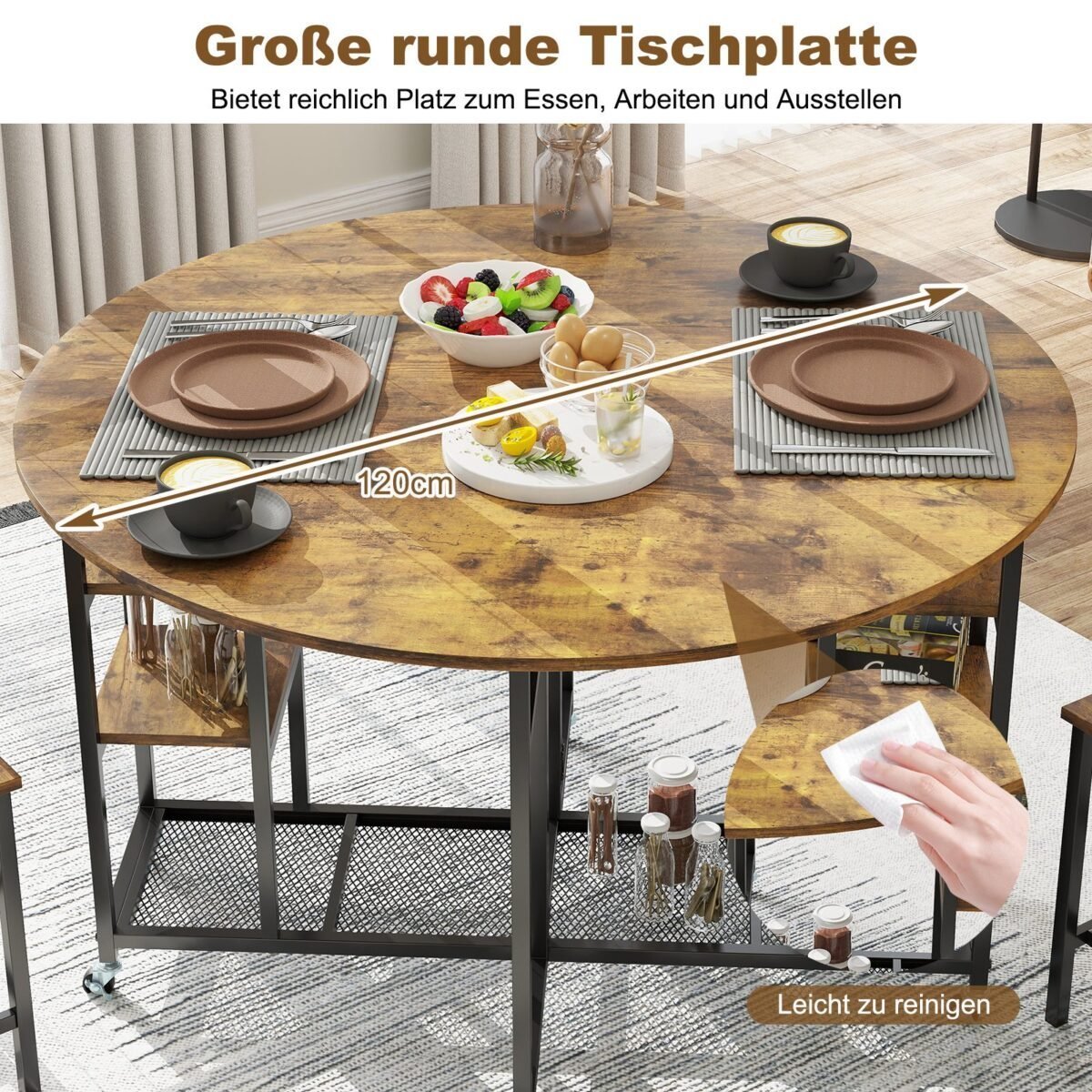 Išskleidžiamas virtuvės stalas su 2 taburetėmis ir vyno laikikliu (Ruda)