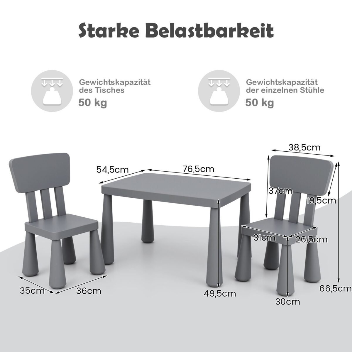 Vaikų stalas su 2 kėdėmis pilkos spalvos PP (Pilka)