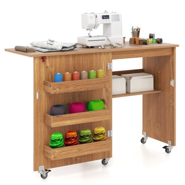 Sulankstomas siuvimo stalas su ratukais ir daiktų laikymo skyriais (Natūrali)
