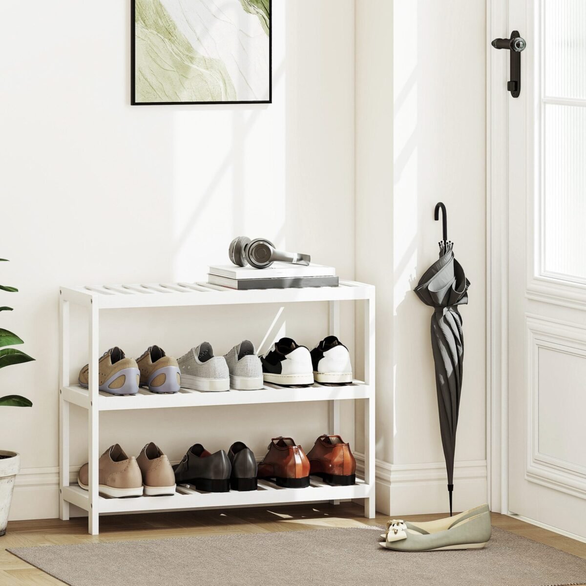 Trijų lygių bambukinė batų ir daiktų lentyna