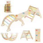 Medinis 4in1 žaidimų aikštelės komplektas su čiuožykla ir suoliuku (Daugiaspalvė)
