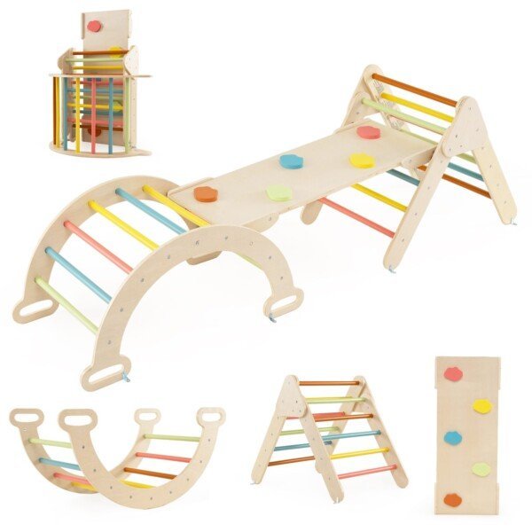 Medinis 4in1 žaidimų aikštelės komplektas su čiuožykla ir suoliuku (Daugiaspalvė)