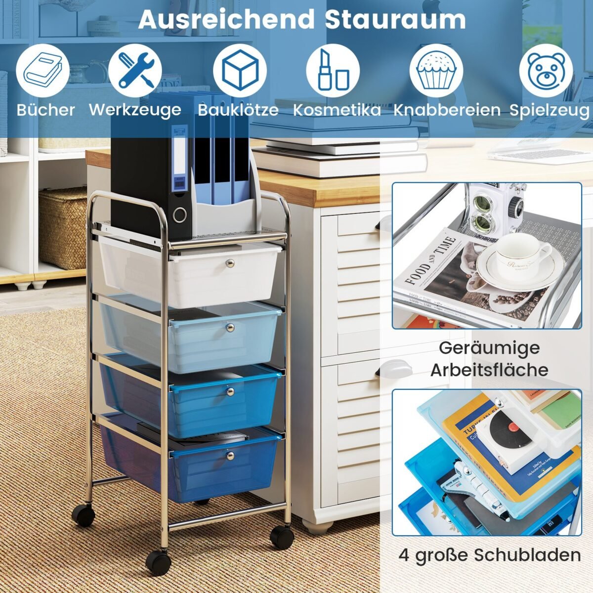 Mobilus keturių stalčių laikymo vežimėlis su ratukais (Mėlyna)