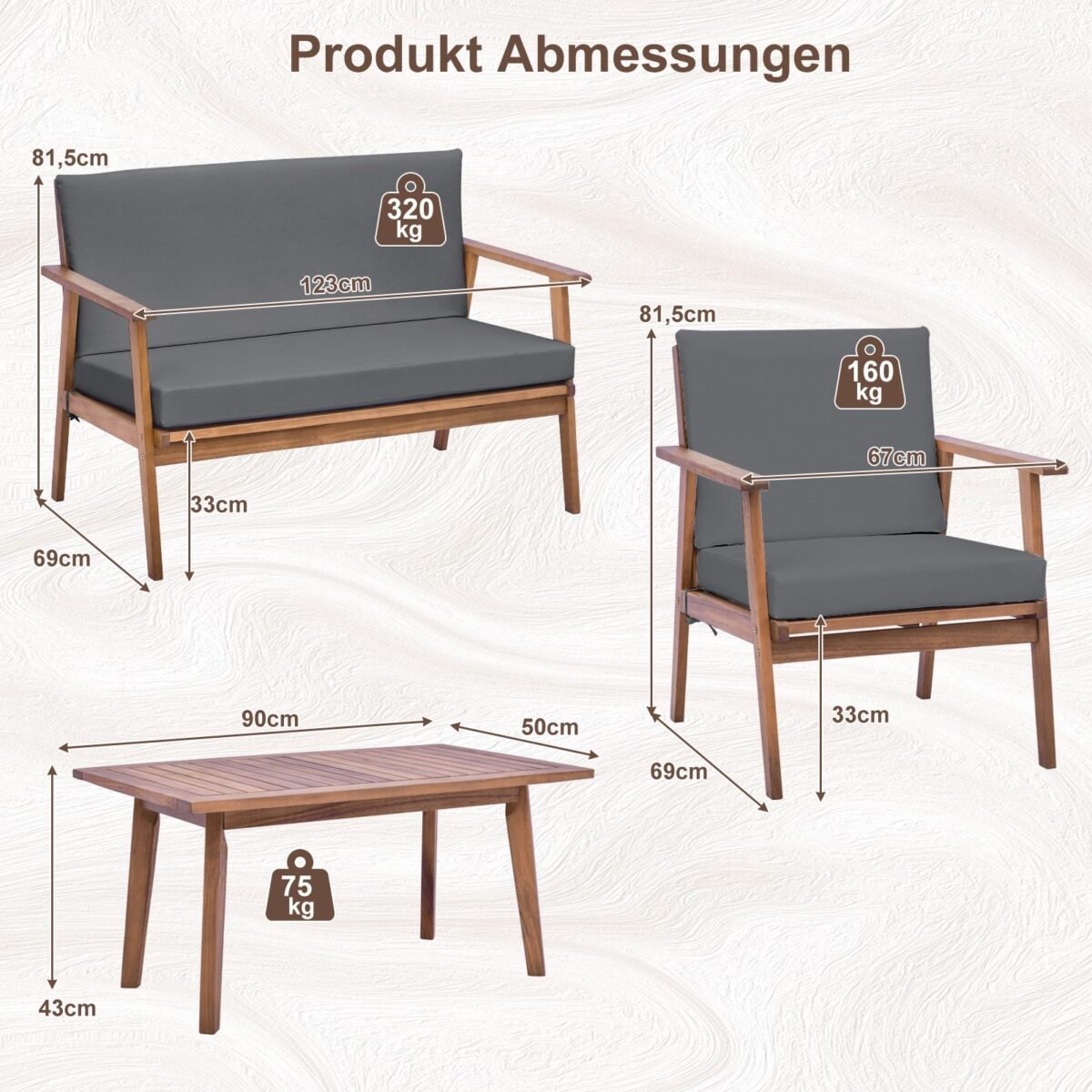 Sodo baldų komplektas iš akacijos medienos 4 dalys (Pilka)