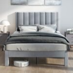 Minkštas dvigulės lovos rėmas 200x140 cm medžio masyvo kojelės pilkos spalvos (Pilka)