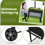 Pakeltas gėlynas su lentyna ir ratukais (Juoda)