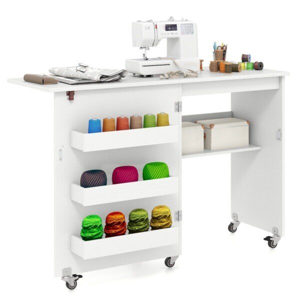 Sulankstomas siuvimo stalas su ratukais ir laikymo vietomis (Balta)