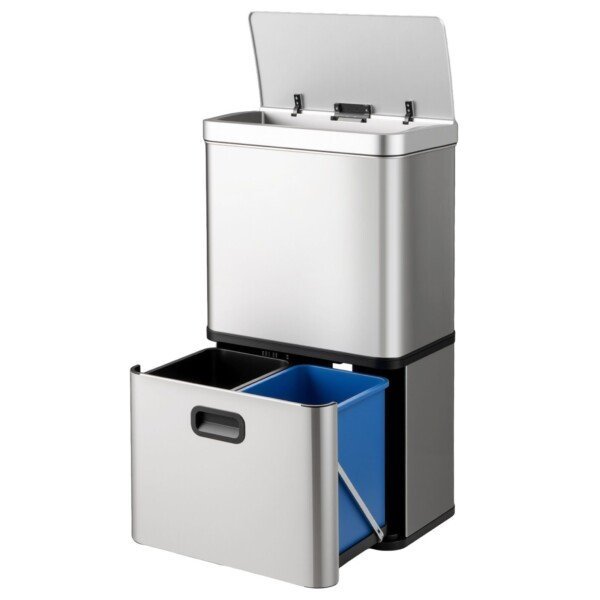 Nerūdijančio plieno šiukšliadėžė su judesio jutikliu ir trijų skyrių sistema (Sidabrinė)