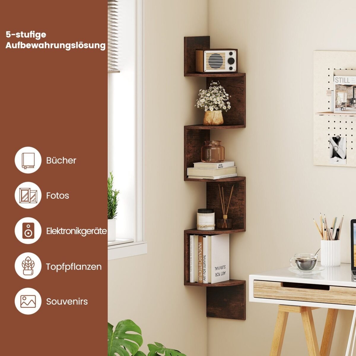 5 pakopų kampinė lentyna su sieniniu tvirtinimu (Ruda)